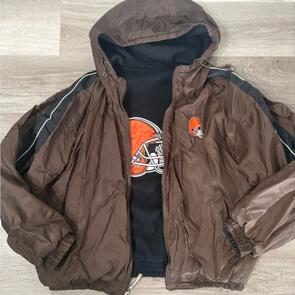 Cleveland Brown Hooded Men's Jacket featuring embroidered helmet logos.